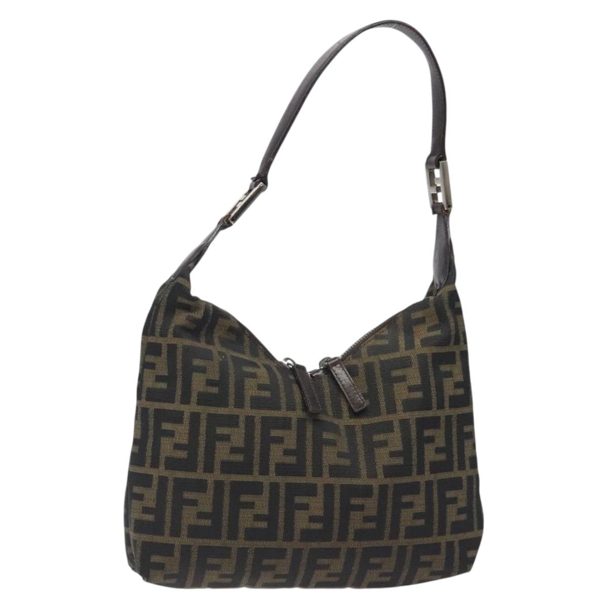 FENDI Zucca Canvas Shoulder Bag Black Brown Auth 130114