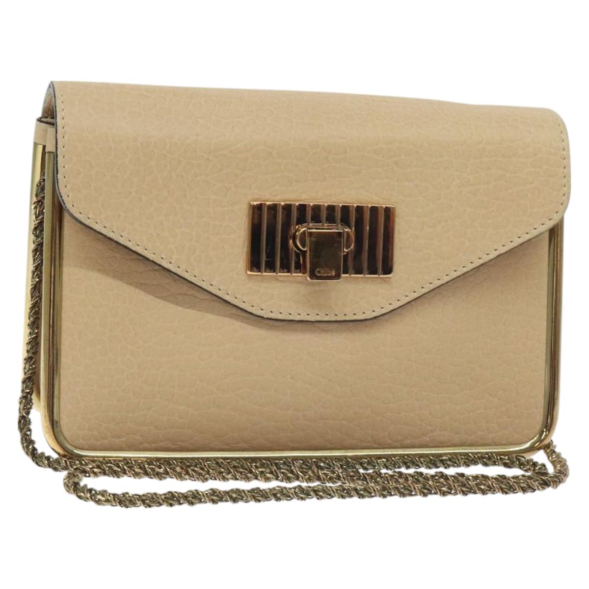 Chloe Chain Sally Shoulder Bag Leather Beige Gold Auth 130115