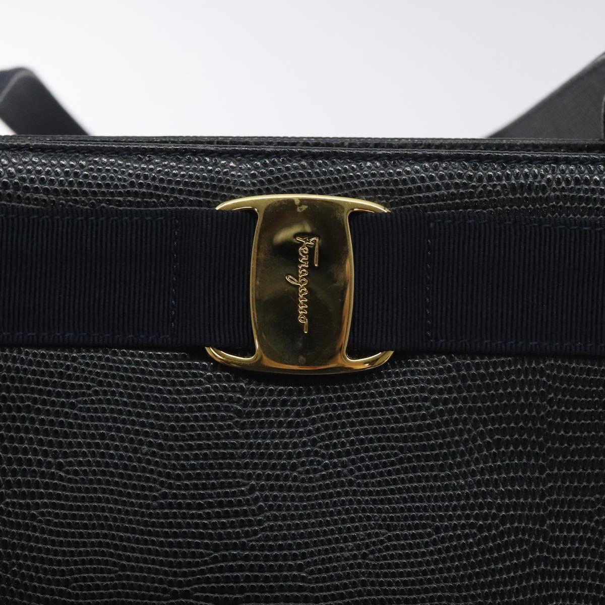 Salvatore Ferragamo Tote Bag Snakeskin embossed Navy Gold Auth 130119