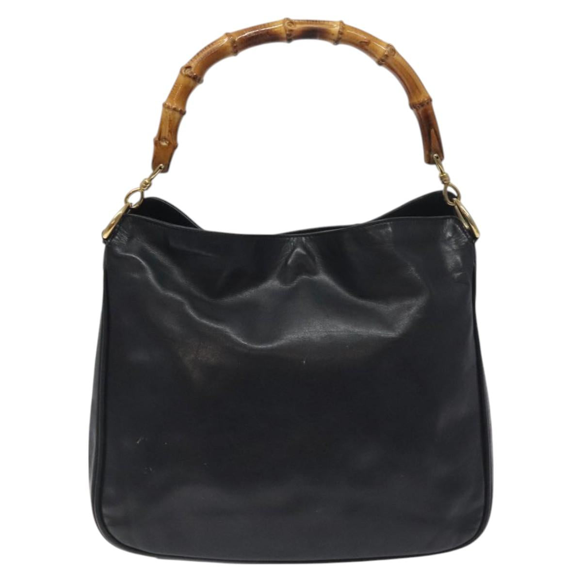 GUCCI Bamboo Hand Bag Leather Black Gold 001 2113 1638 Auth 130141