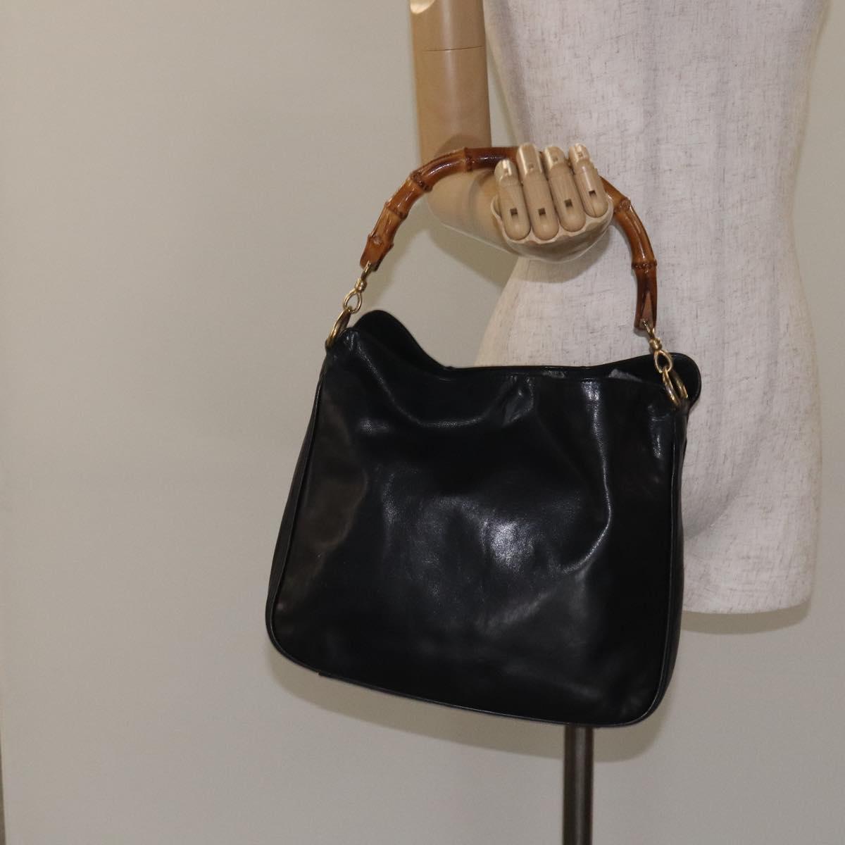GUCCI Bamboo Hand Bag Leather Black Gold 001 2113 1638 Auth 130141