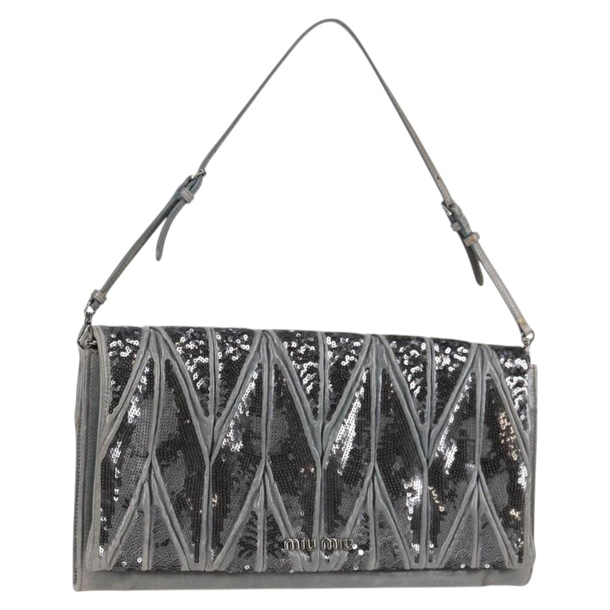 Miu Miu Sequin Shoulder Bag Leather Light Blue Silver Auth 130158V