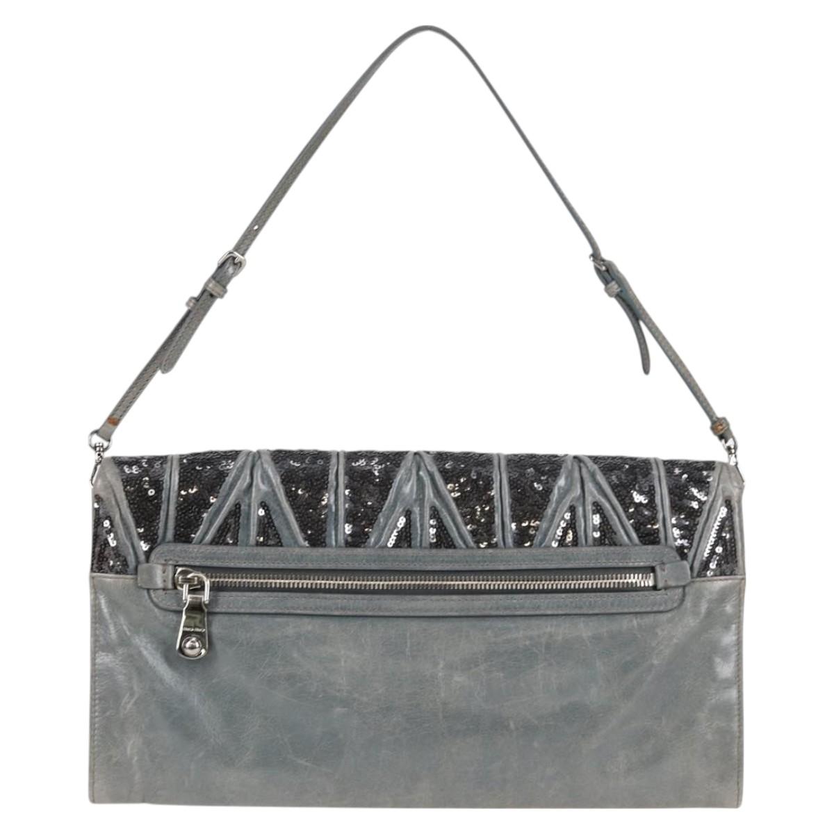 Miu Miu Sequin Shoulder Bag Leather Light Blue Silver Auth 130158V