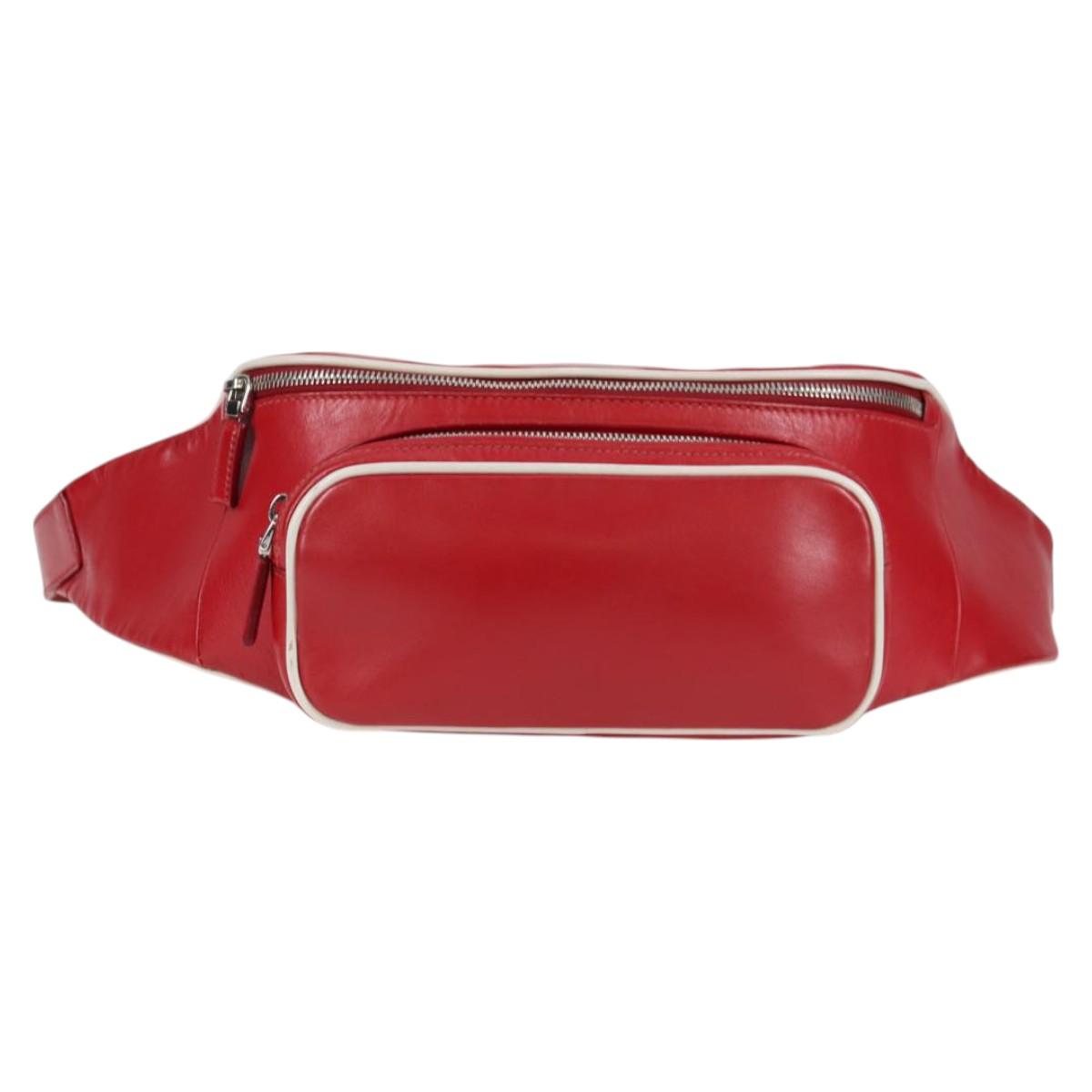 PRADA Body Bag Leather Silver Red Auth 130229V