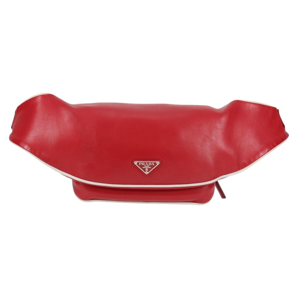 PRADA Body Bag Leather Silver Red Auth 130229V