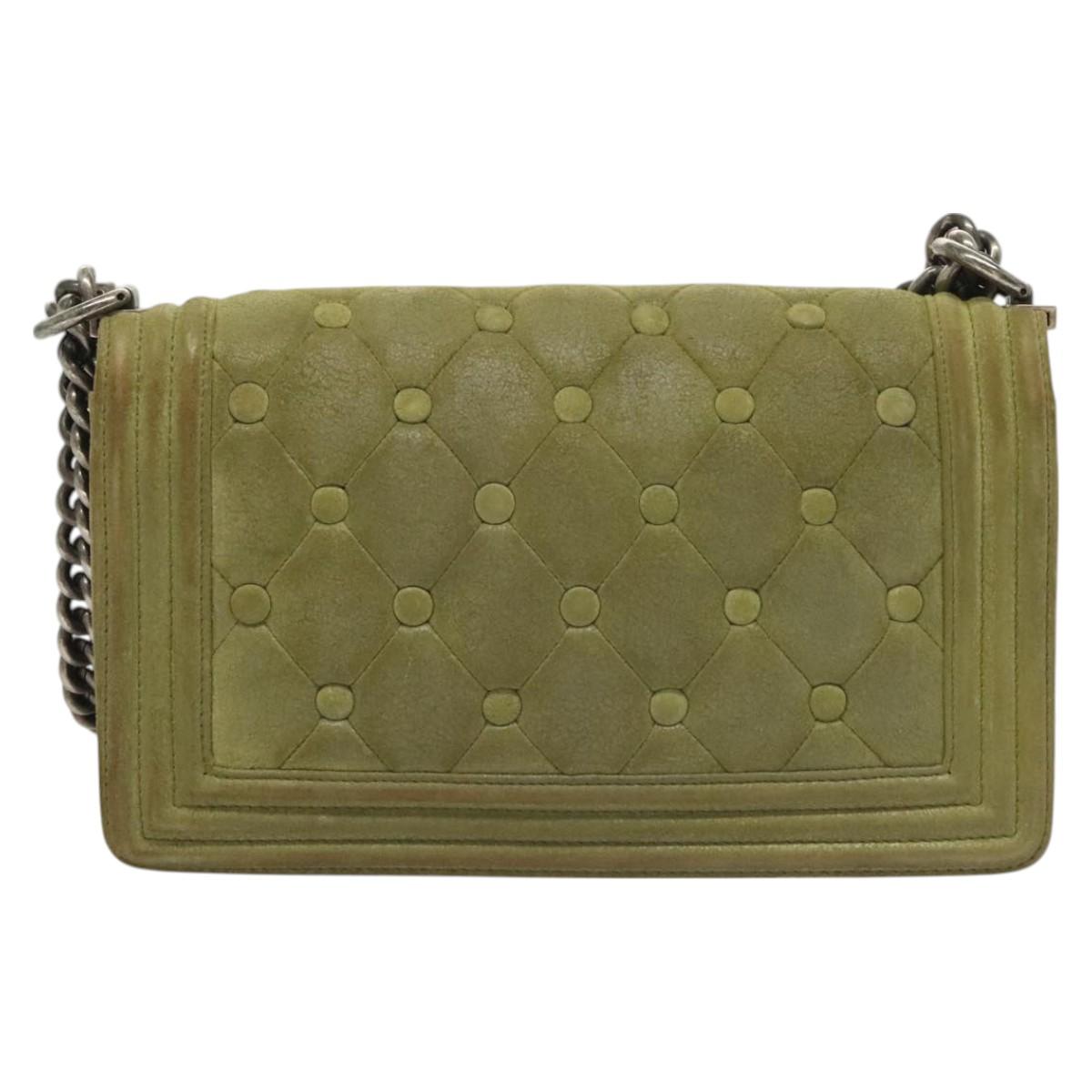 CHANEL Chain Matelasse Boy Chanel Shoulder Bag Suede Green CC Auth 130248