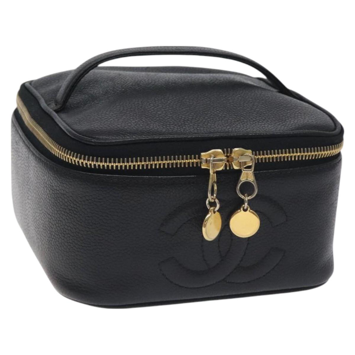 CHANEL COCO Mark Vanity Pouch Caviar Skin Black Gold CC Auth 130251