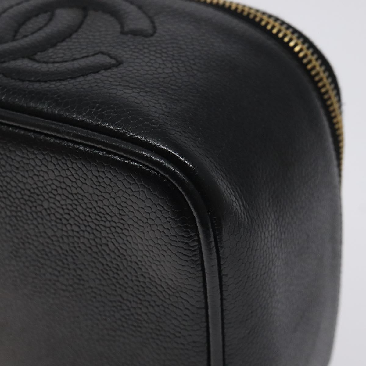 CHANEL COCO Mark Vanity Pouch Caviar Skin Black Gold CC Auth 130251