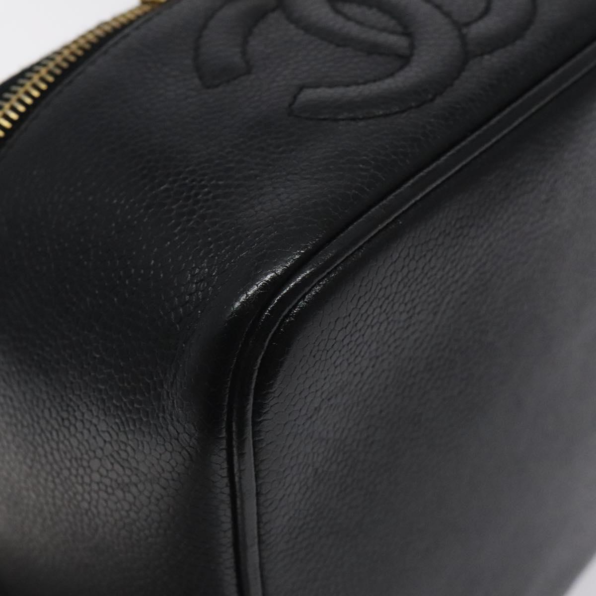 CHANEL COCO Mark Vanity Pouch Caviar Skin Black Gold CC Auth 130251
