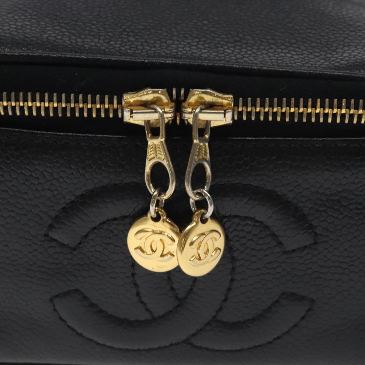CHANEL COCO Mark Vanity Pouch Caviar Skin Black Gold CC Auth 130251