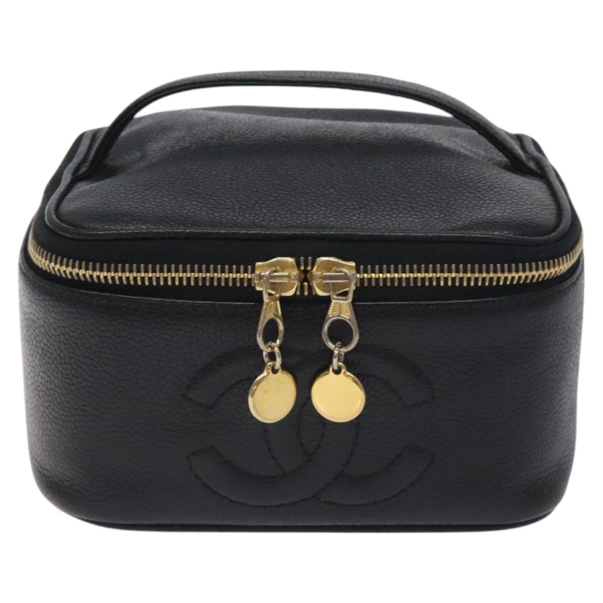 CHANEL COCO Mark Vanity Pouch Caviar Skin Black Gold CC Auth 130251