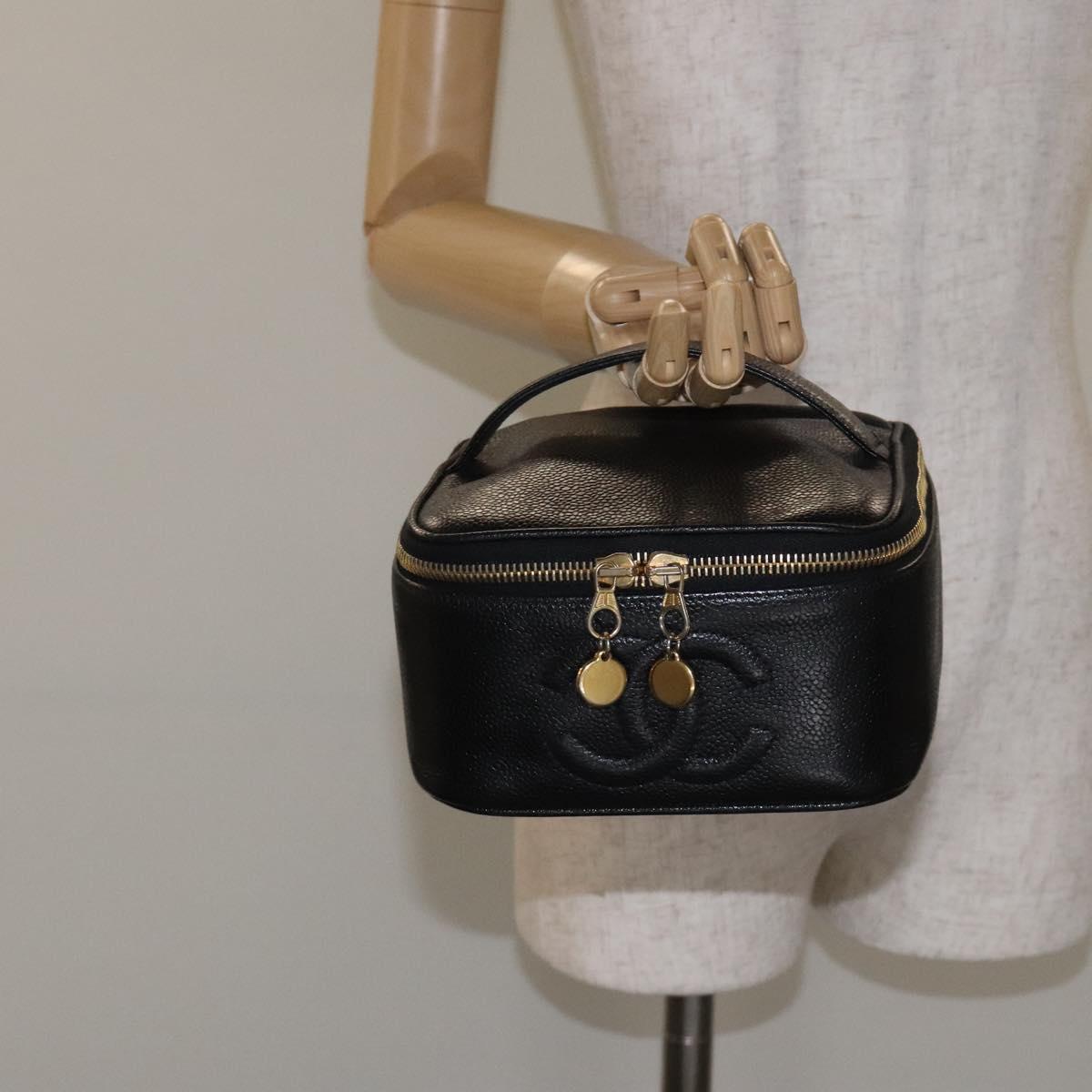 CHANEL COCO Mark Vanity Pouch Caviar Skin Black Gold CC Auth 130251