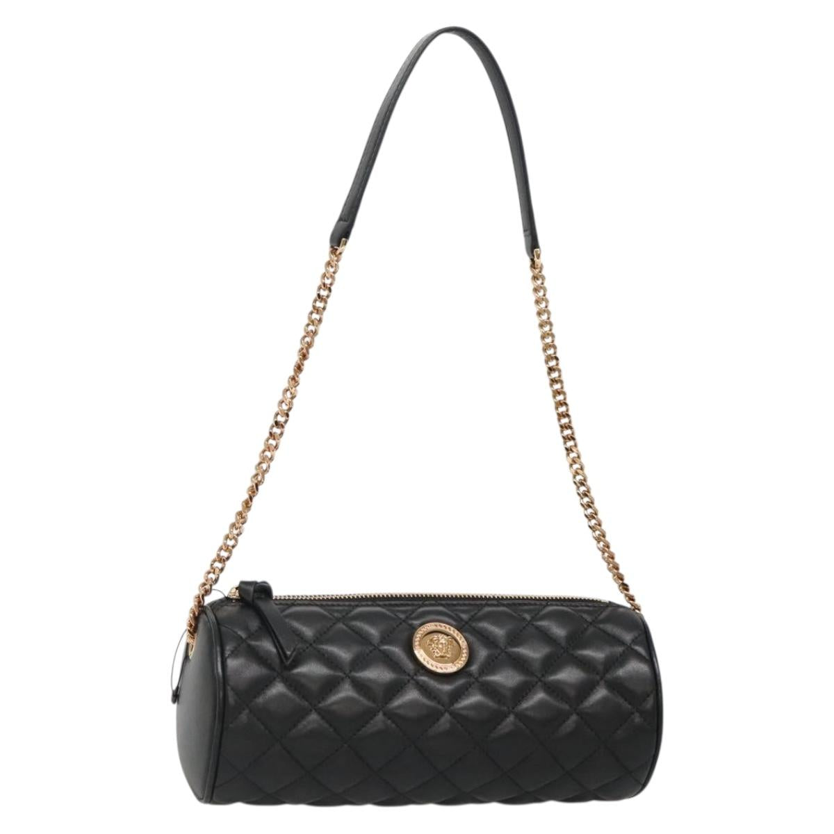 VERSACE Chain Shoulder Bag Leather Black Gold Auth 130260