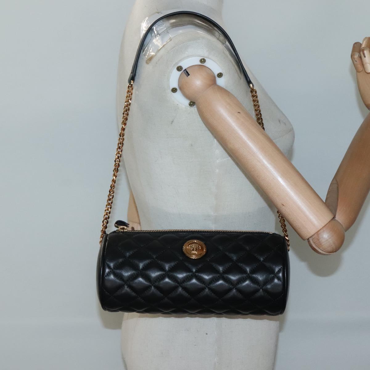 VERSACE Chain Shoulder Bag Leather Black Gold Auth 130260