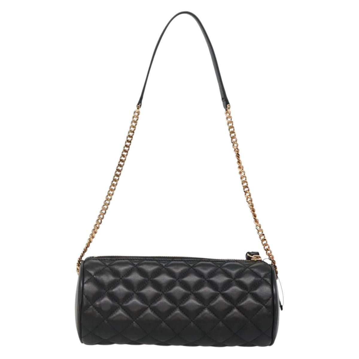 VERSACE Chain Shoulder Bag Leather Black Gold Auth 130260