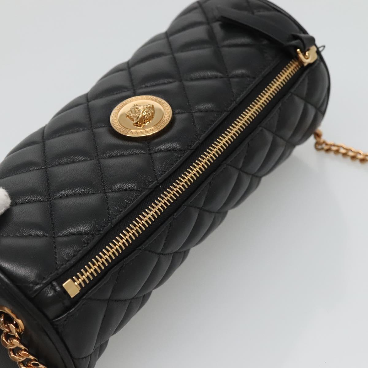 VERSACE Chain Shoulder Bag Leather Black Gold Auth 130260