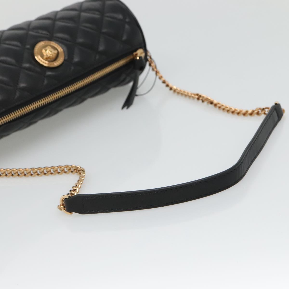 VERSACE Chain Shoulder Bag Leather Black Gold Auth 130260