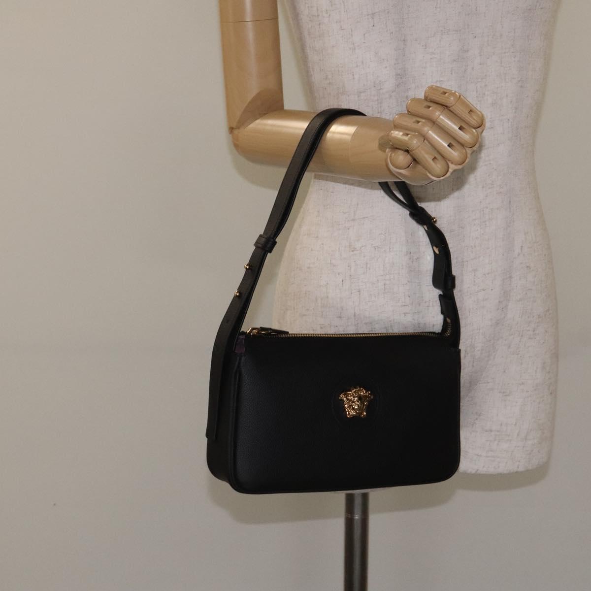 VERSACE Shoulder Bag Leather Black Gold Auth 130265