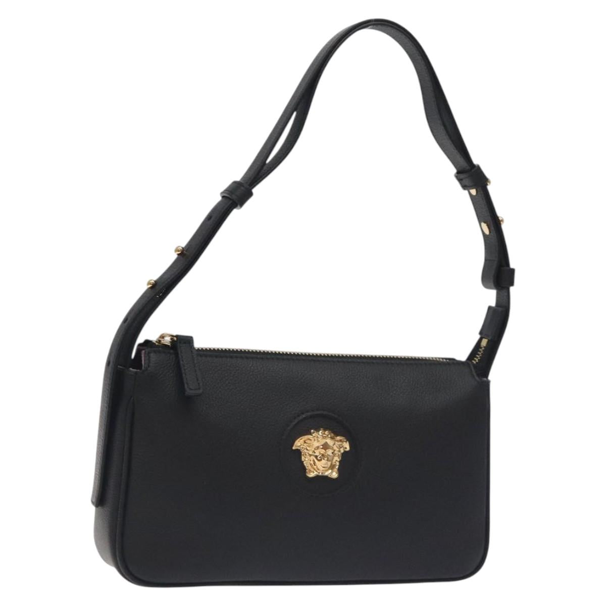VERSACE Shoulder Bag Leather Black Gold Auth 130266