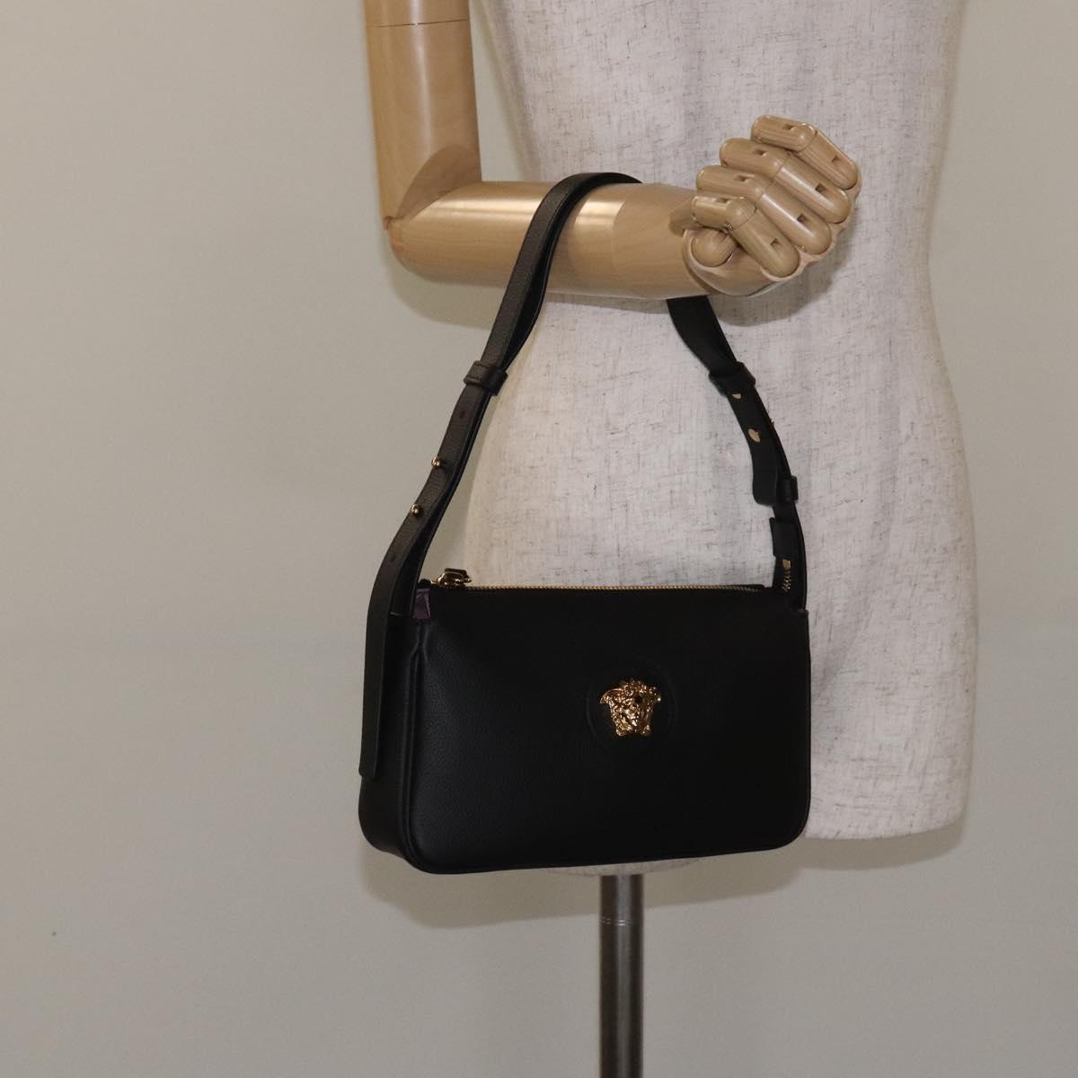 VERSACE Shoulder Bag Leather Black Gold Auth 130266
