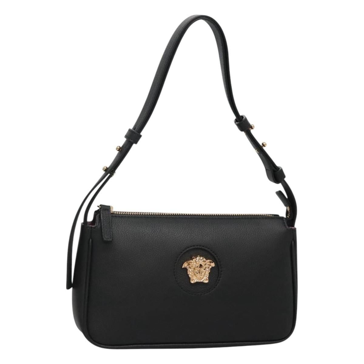 VERSACE Shoulder Bag Leather Black Gold Auth 130270