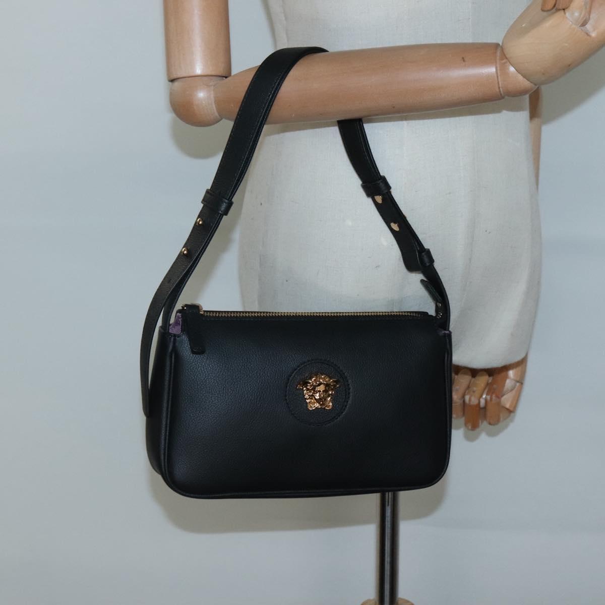 VERSACE Shoulder Bag Leather Black Gold Auth 130270