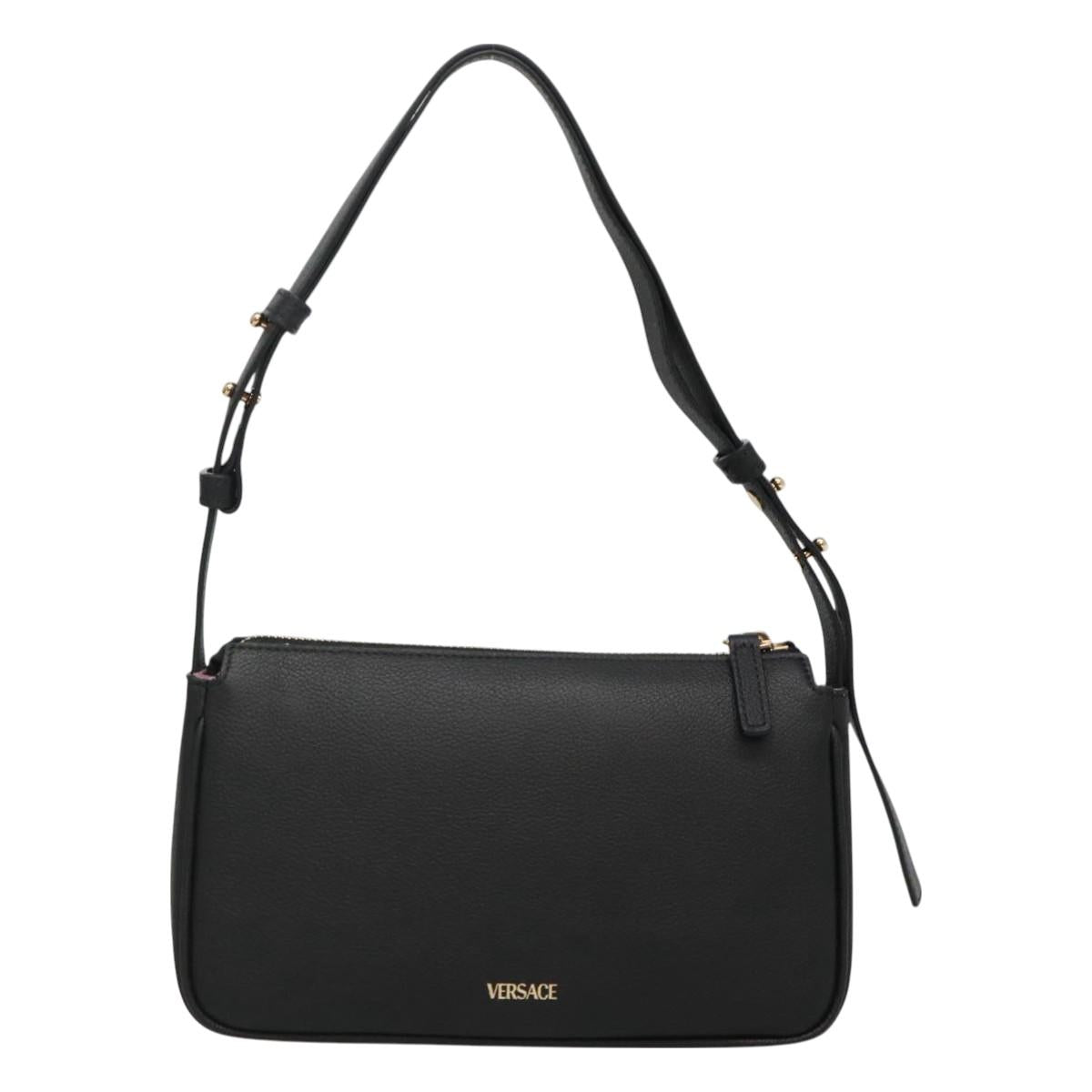 VERSACE Shoulder Bag Leather Black Gold Auth 130271