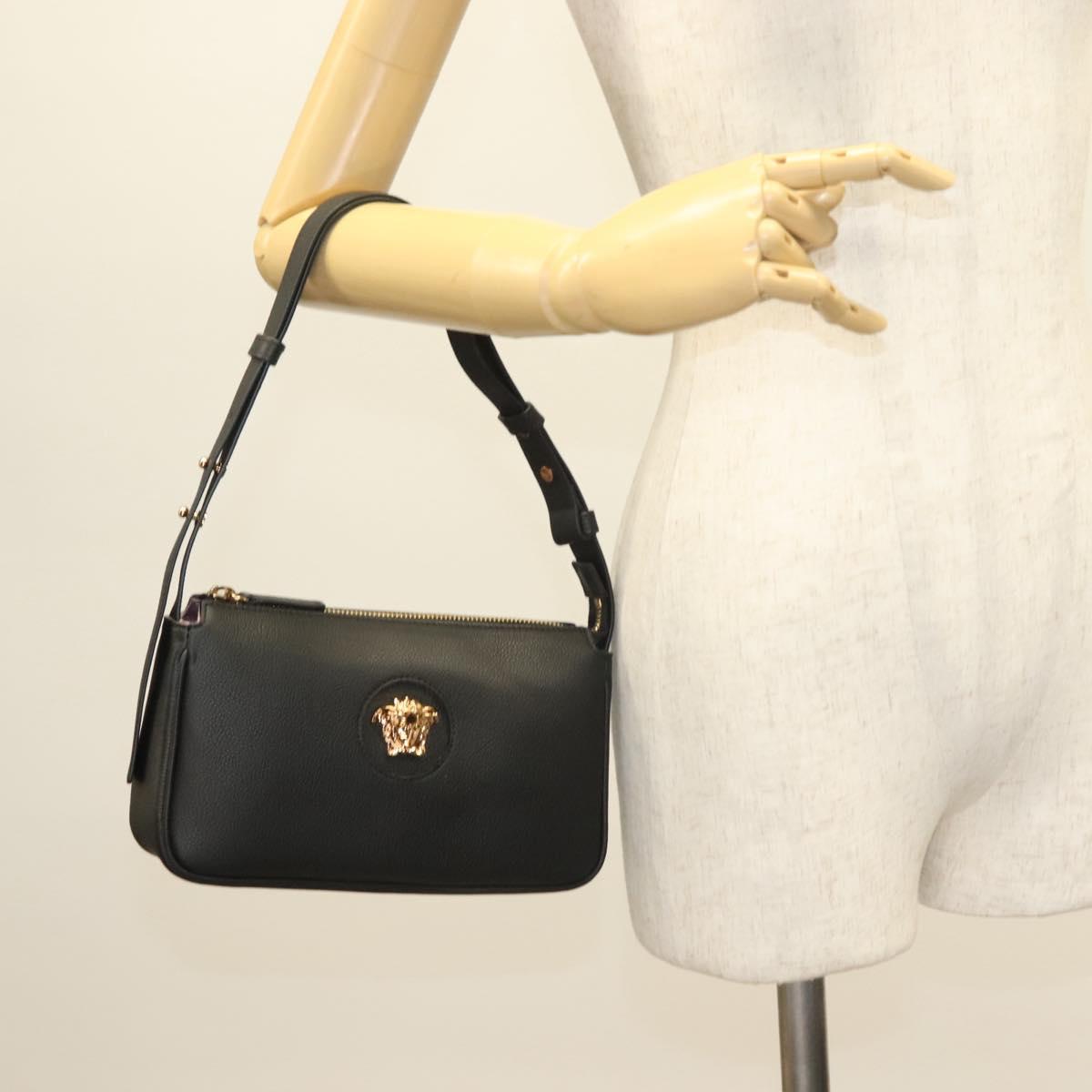 VERSACE Shoulder Bag Leather Black Gold Auth 130273