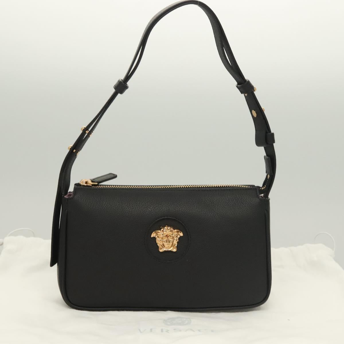 VERSACE Shoulder Bag Leather Black Gold Auth 130273
