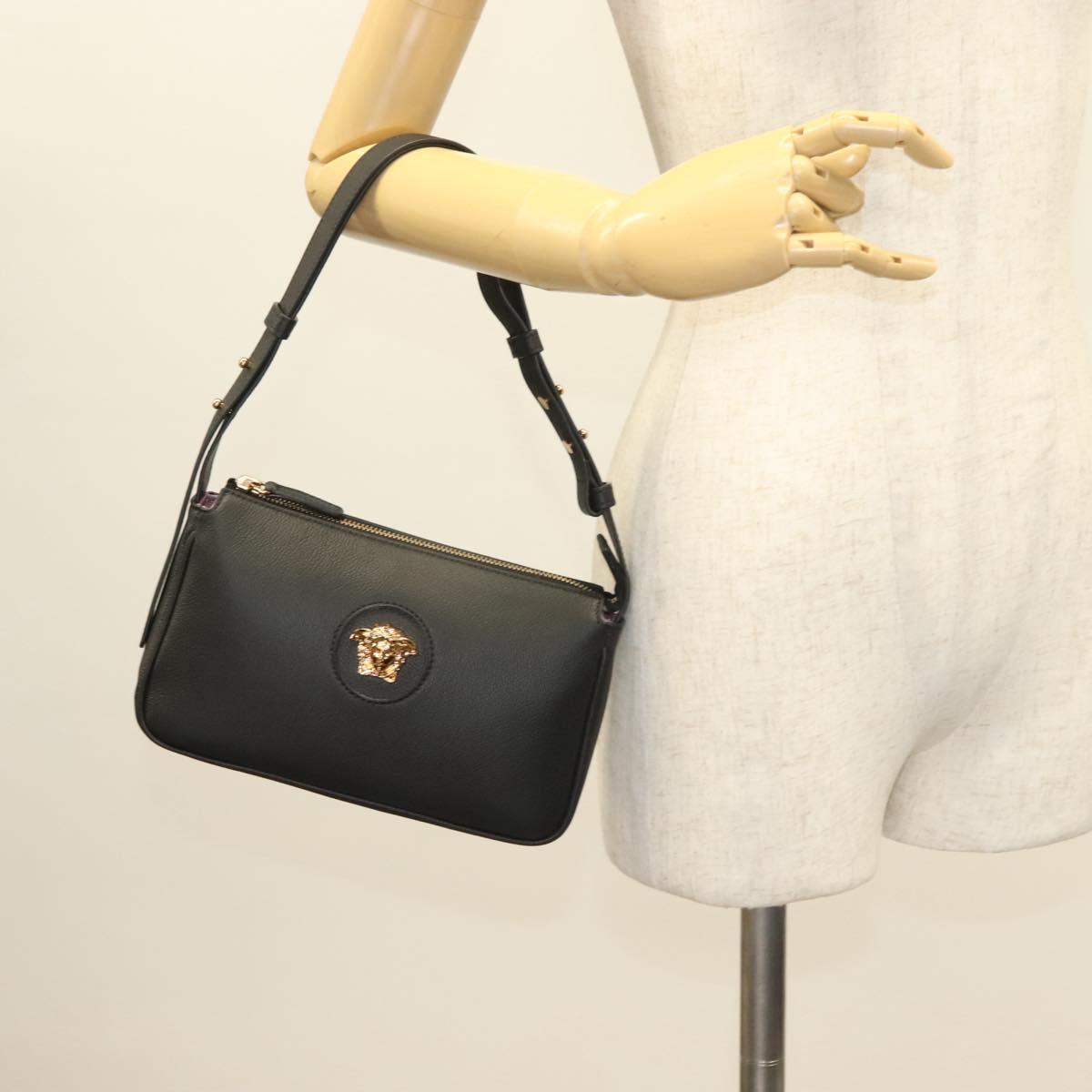 VERSACE Shoulder Bag Leather Black Gold Auth 130274