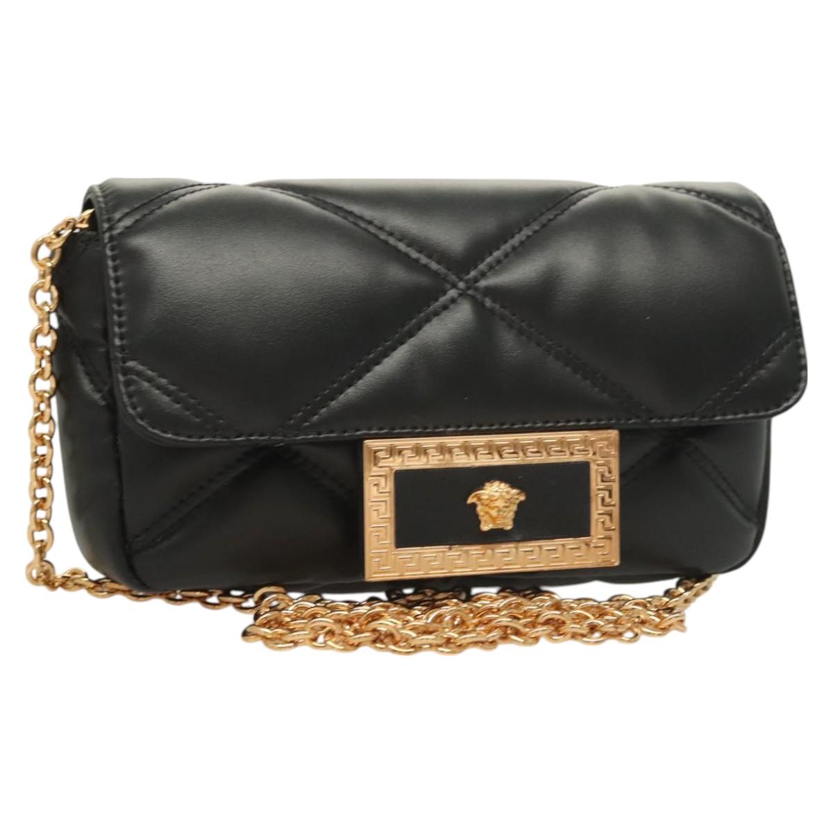 VERSACE Chain Shoulder Bag Leather Black Gold Auth 130277