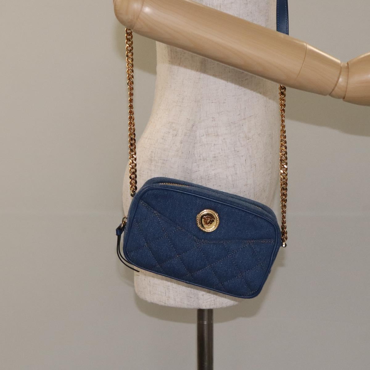 VERSACE Chain Shoulder Bag Denim Blue Gold Auth 130284