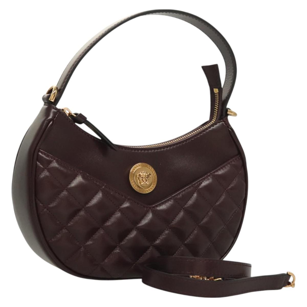 VERSACE Shoulder Bag Leather 2way Brown Gold Auth 130286