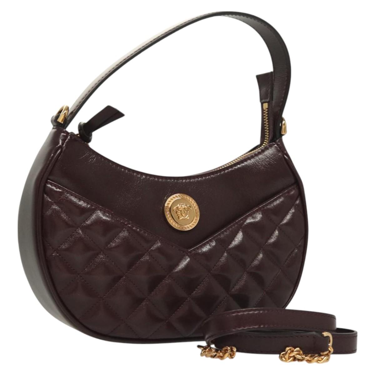 VERSACE Shoulder Bag Leather 2way Brown Gold Auth 130288
