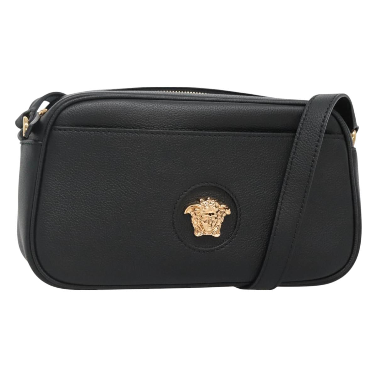 VERSACE Shoulder Bag Leather Black Gold Auth 130289