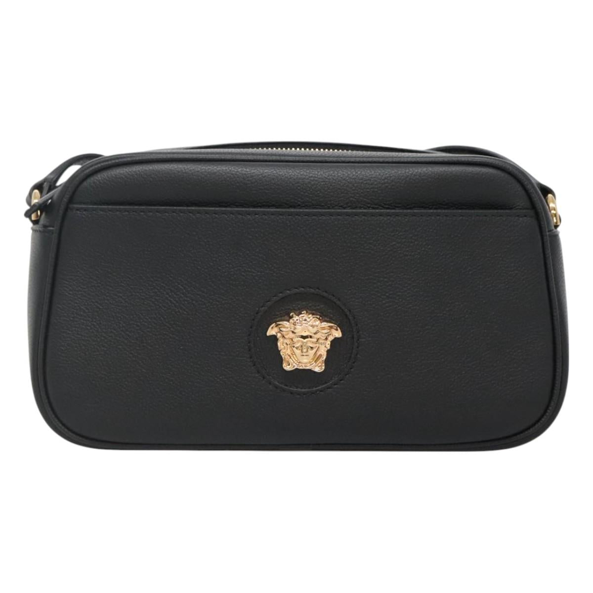 VERSACE Shoulder Bag Leather Black Gold Auth 130289