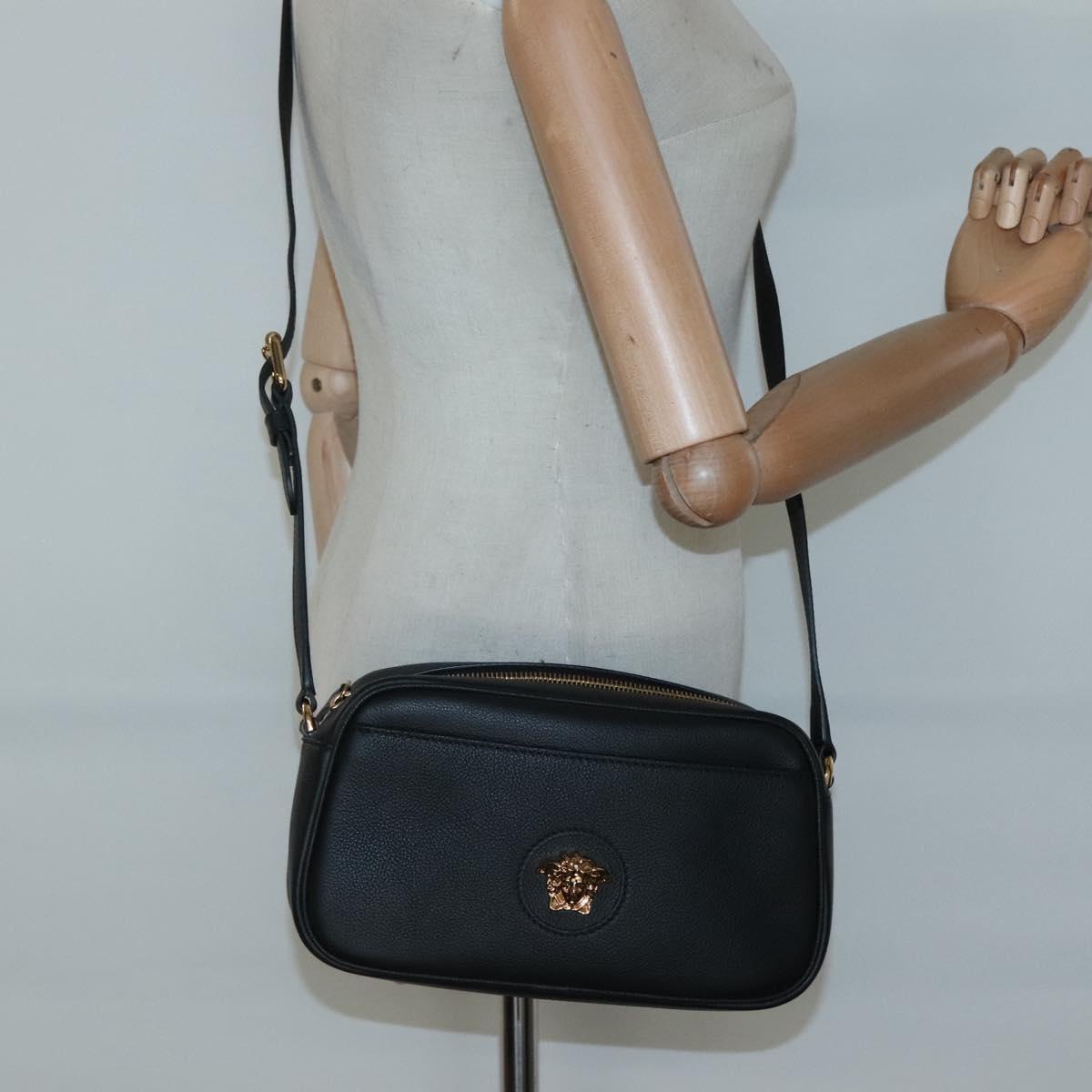 VERSACE Shoulder Bag Leather Black Gold Auth 130289