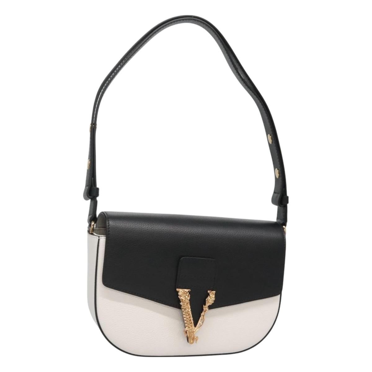 VERSACE Shoulder Bag Leather Black Gold white Auth 130296