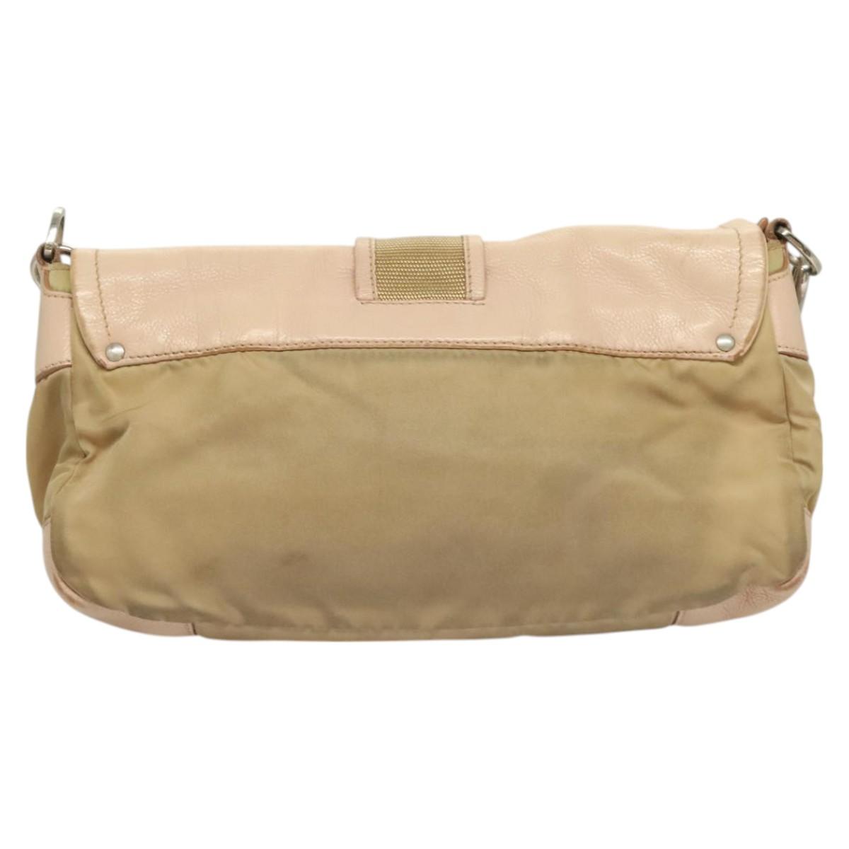 PRADA Shoulder Bag Nylon Leather Beige Silver Auth 130350
