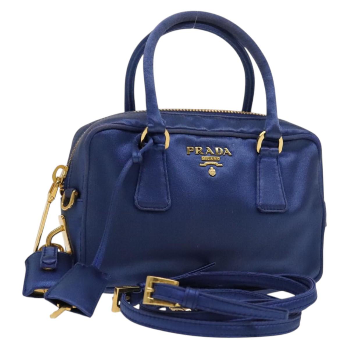 PRADA Hand Bag Satin 2way Blue Gold Auth 130351