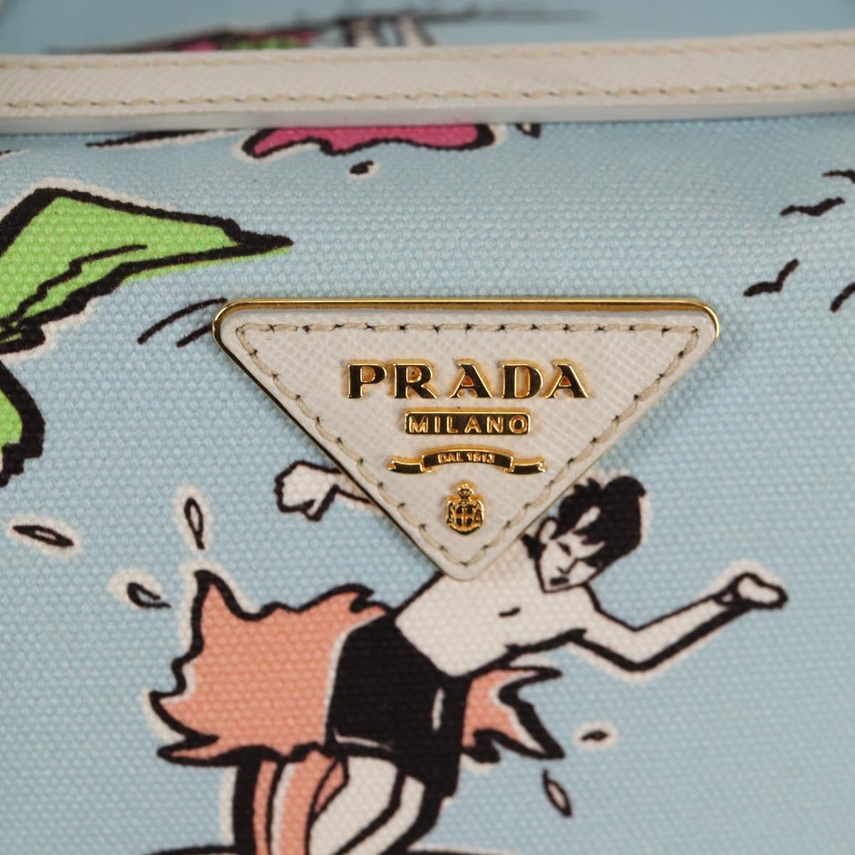 PRADA Hand Bag Canvas 2way Light Blue Gold Auth 130352V