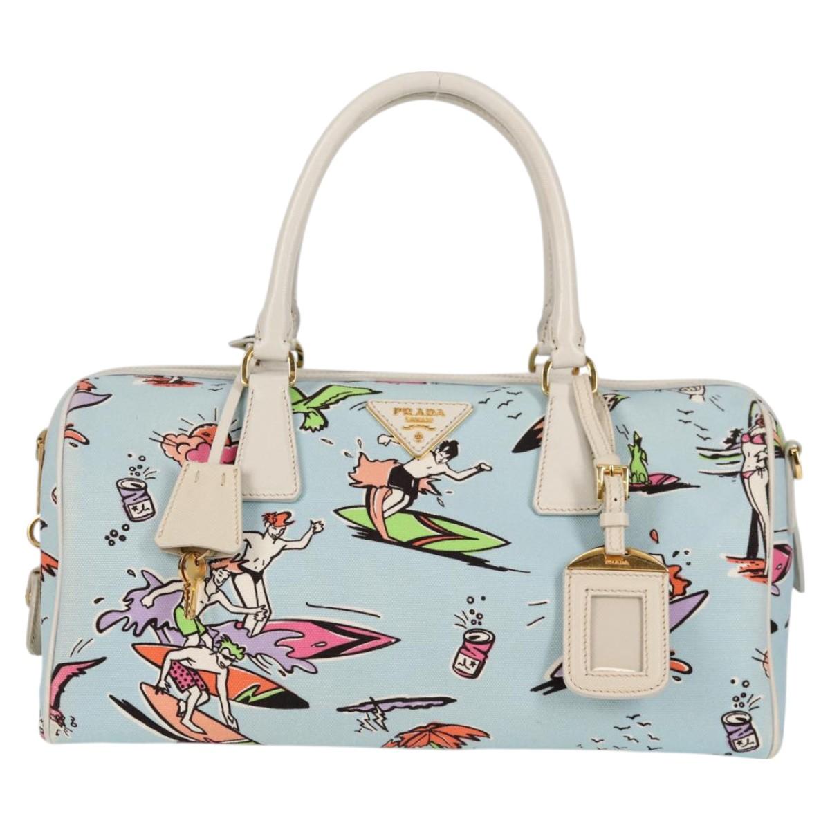 PRADA Hand Bag Canvas 2way Light Blue Gold Auth 130352V