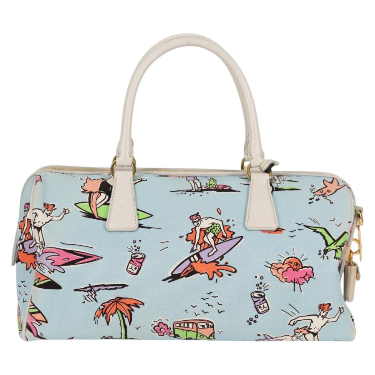 PRADA Hand Bag Canvas 2way Light Blue Gold Auth 130352V