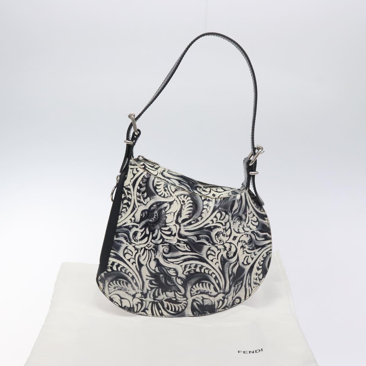 FENDI Shoulder Bag Leather Black White Silver Auth 130408V