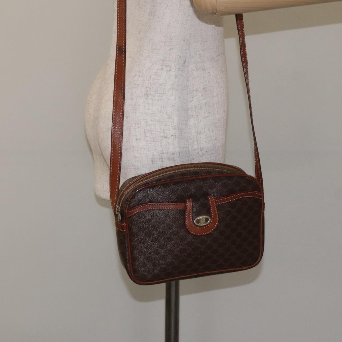 CELINE Macadam Canvas Shoulder Bag PVC Leather Brown Gold Auth 130409