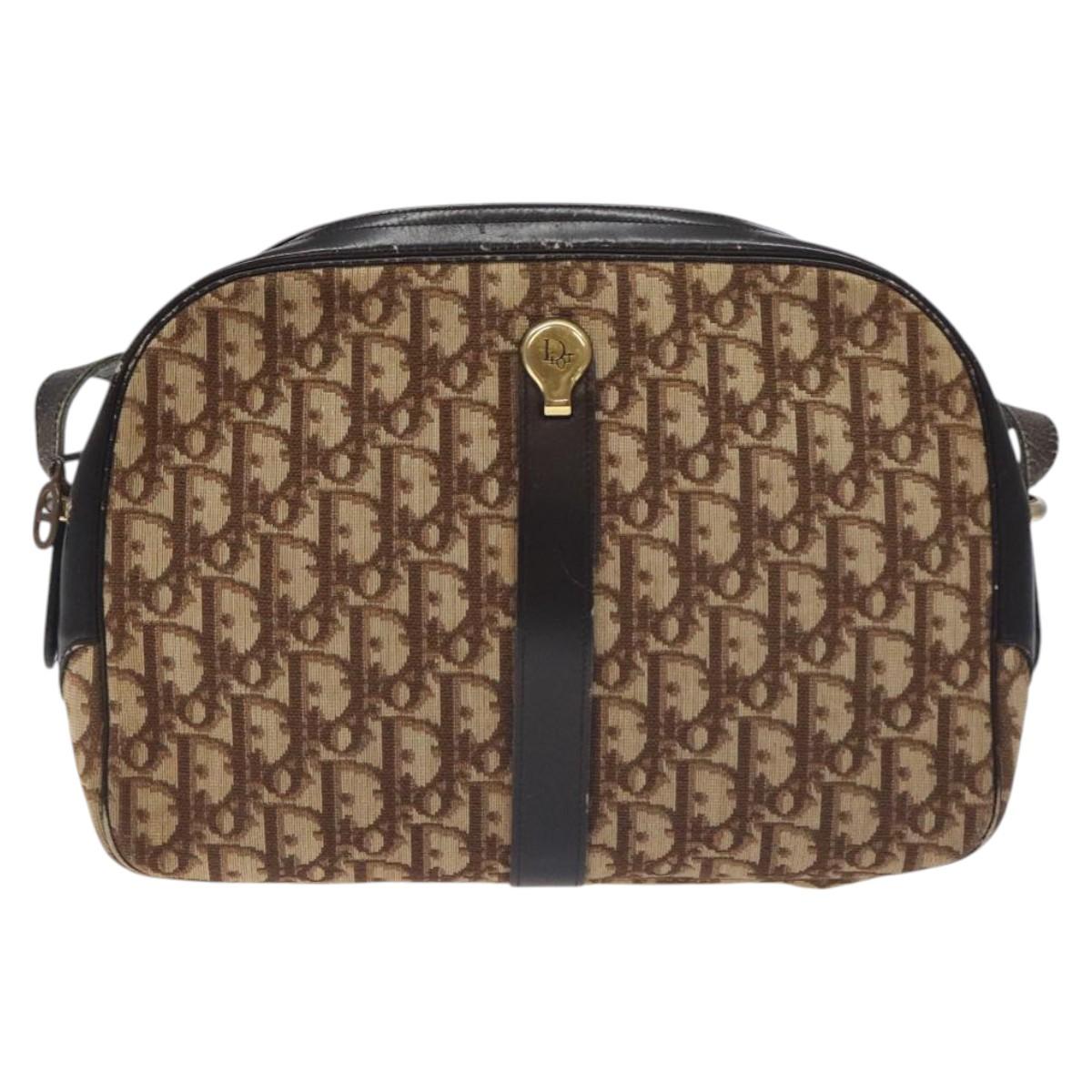 Christian Dior Trotter Canvas Shoulder Bag Brown Gold Auth 130411
