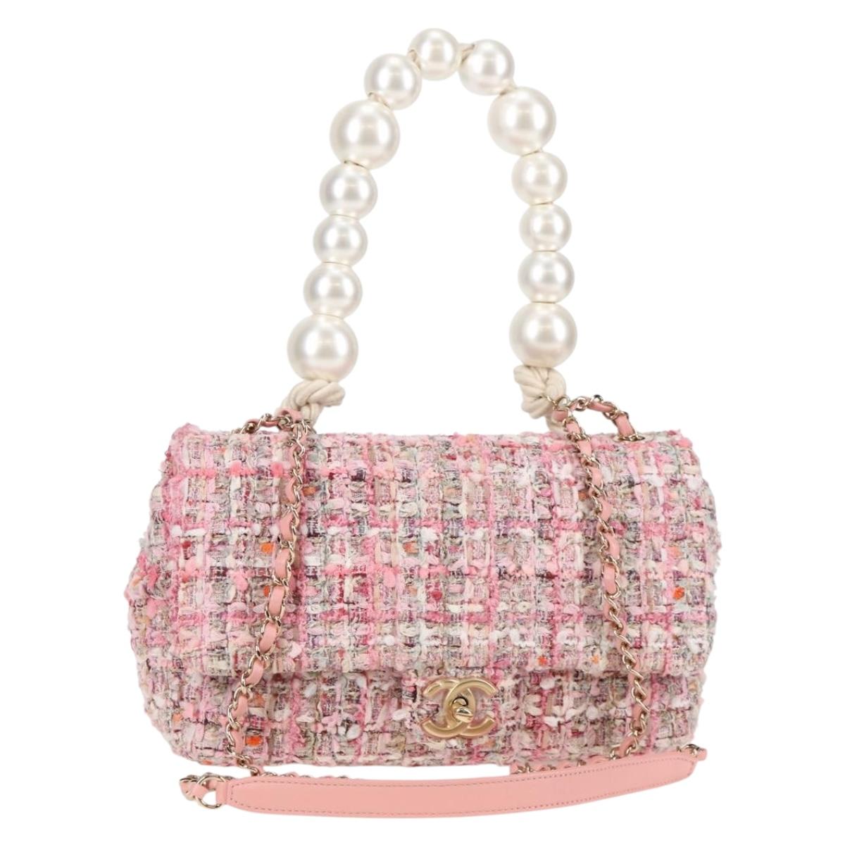 CHANEL Chain Shoulder Bag Tweed Pink Gold CC Auth 130488SM