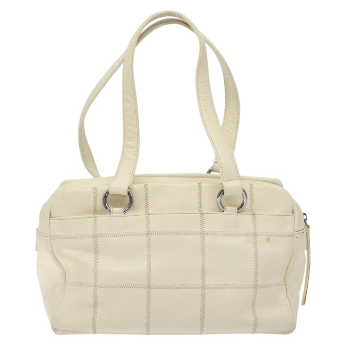 CHANEL Choco Bar Shoulder Bag Caviar Skin White Silver CC Auth 130495