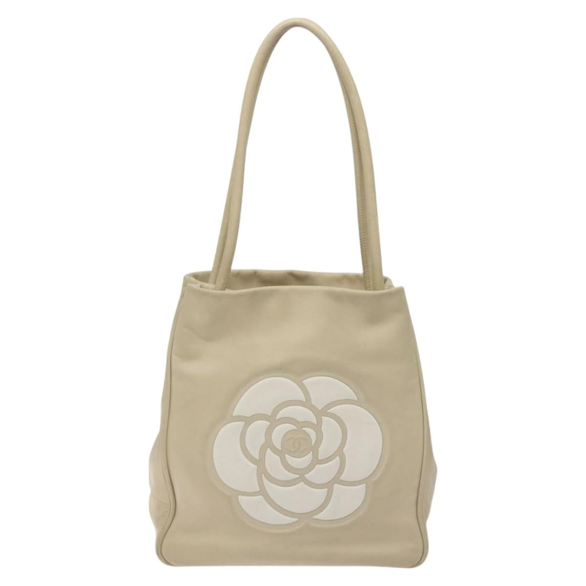 CHANEL Camelia Tote Bag Lamb Skin Beige Gold CC Auth 130497