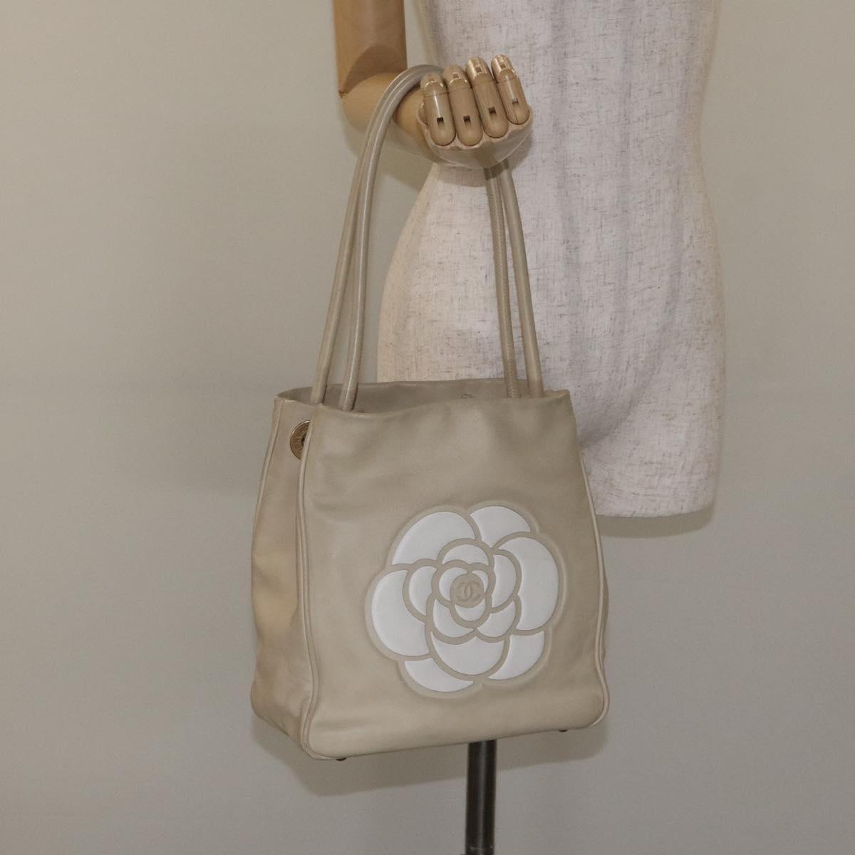 CHANEL Camelia Tote Bag Lamb Skin Beige Gold CC Auth 130497